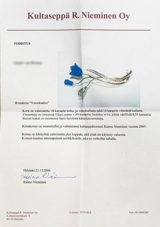 Raimo Nieminen, Brosch "Valonkukka", 18K gult. grönt och vitt guld, diamanter ca 1.40 cy och skuren lapis lazuli. 2005.