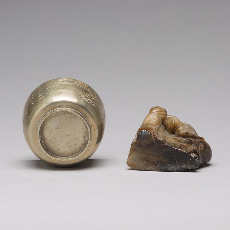 A stone placque, a soapstone figure and a cup, late Qing dynasty.