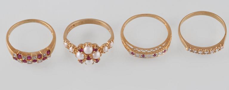 RINGAR, 4 st, 18K guld med briljant och åttkantslipade diamanter, odlade pärlor samt fasettslipade rubiner. Vikt 11,5 g.