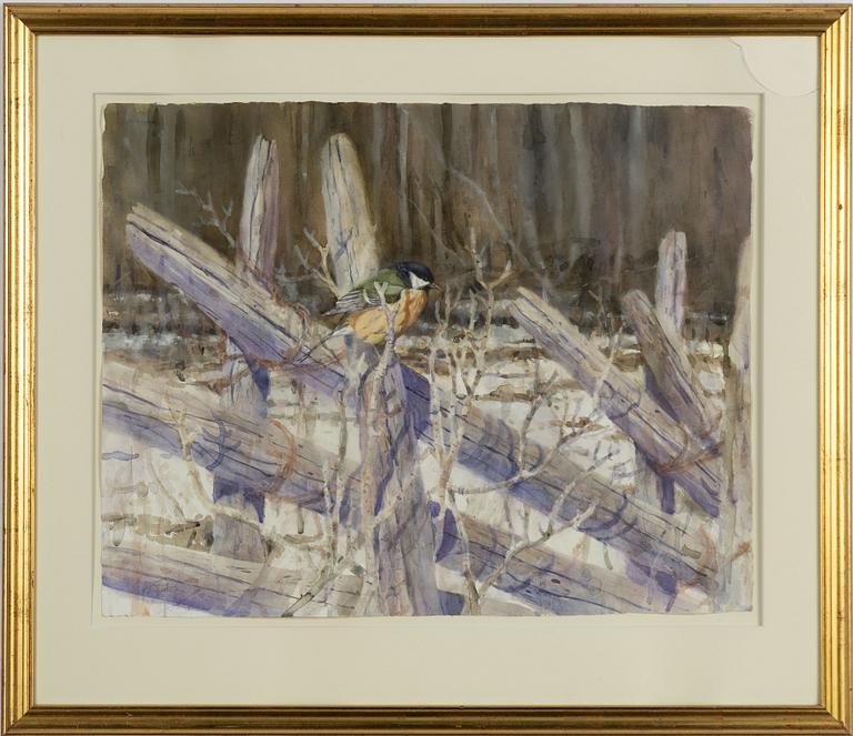 Jonas Nilsson, Winter Scene with Great Tit on a Fence.