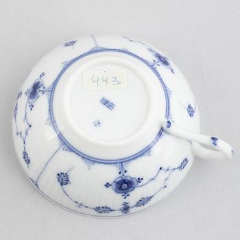 A group of four 'Blue Fluted' / 'Musselmalet rifflet' cups with saucers, Royal Copenhagen, 19th century and later.