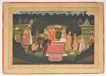 A painting of women in a garden around a well, ink and color on paper, India, 19th Century.