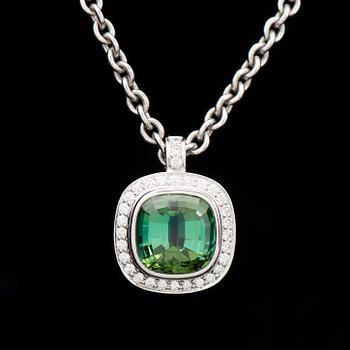 A PENDANT, facetted tourmaline, brilliant cut diamonds, 18K white gold. T. Tillander, Helsinki Finland 2002.