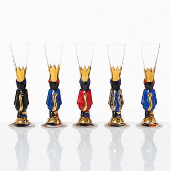 Gunnar Cyrén, snapsglas, 5 st, s.k. "djävulsglas", ur "Nobel" servisen, Orrefors.