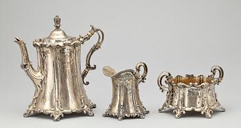KAFFESERVIS, 3 delar, silver, gotisk stil.Christian Hammer, Stockholm / Ateljé Guld & silver, C I Eng, Falu18-1900-tal.