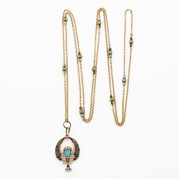 Hänge 14K guld med kedja 18K guld med emalj, turkoser, seedpärlor, rosenslipade diamanter och rubiner, 1800-tal.