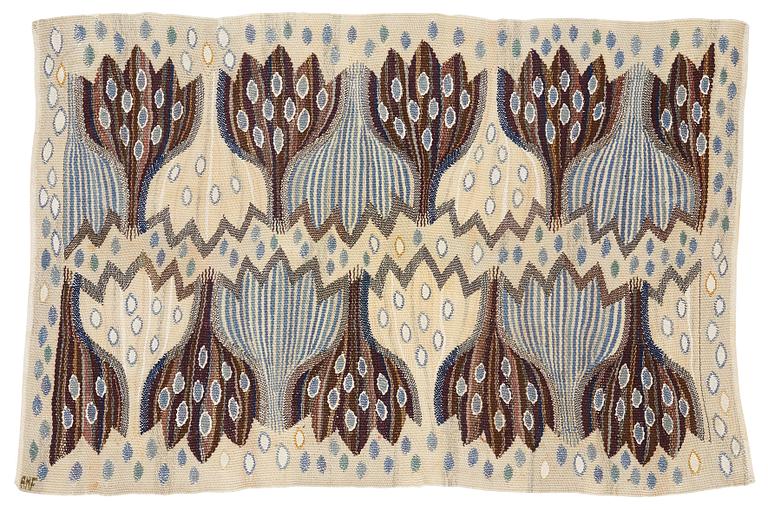 Ann-Mari Forsberg, född Lindbom, a textile, "Blå crocus", tapestry weave, ca 55,5-57 x 84,5-88,5 cm, signed AMF.