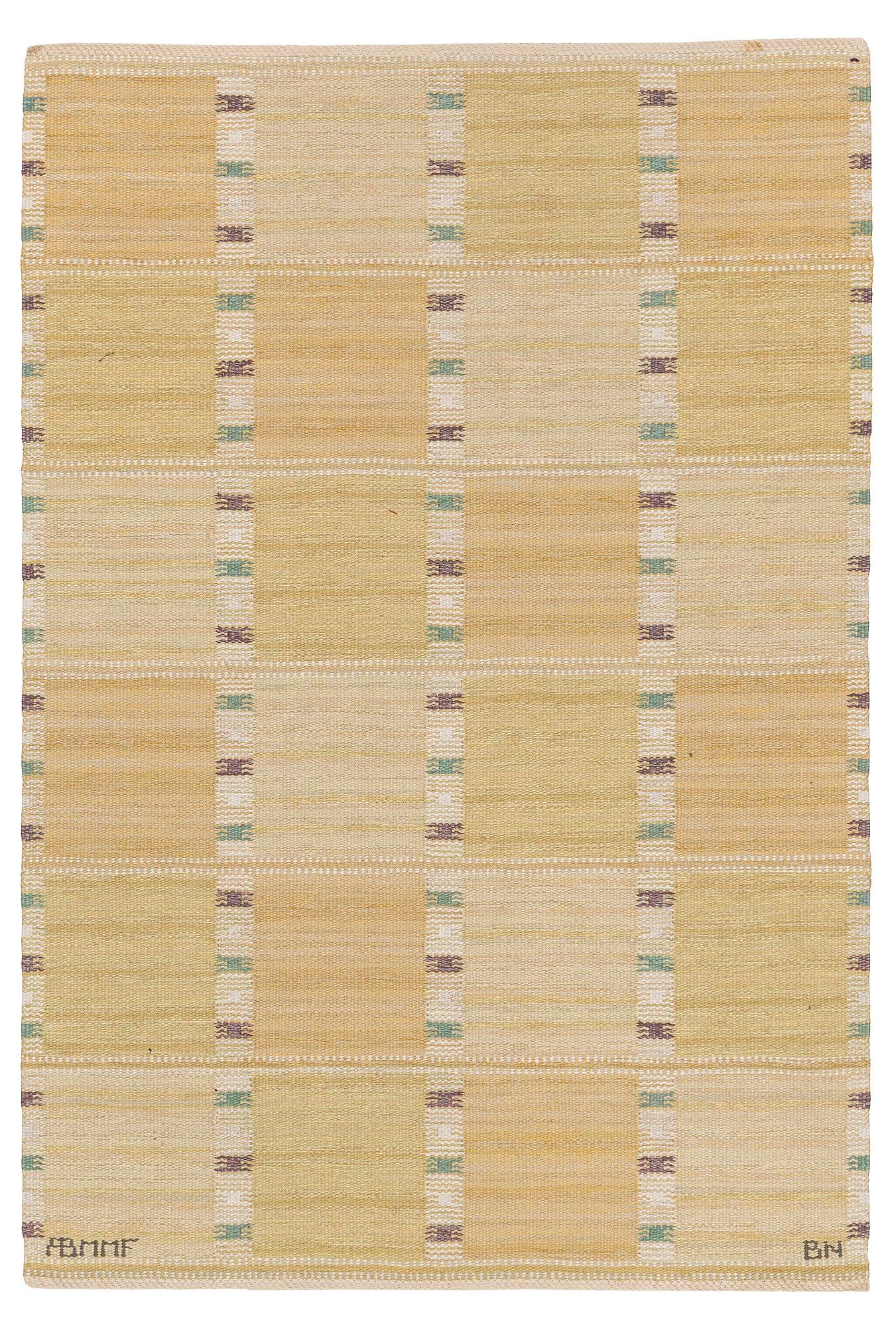 Barbro Nilsson, a 'Falurutan, gul' carpet, flat weave, c. 172 x 118 cm signed AB MMF BN.