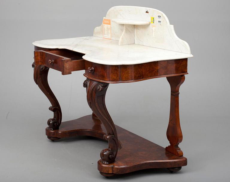 KAMPAUSPÖYTÄ, pähkinäpuuviilutettu, marmorilevy, uusrokokoo, noin 1850-70.