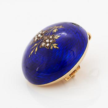 Brosch/hänge, himmelsblå emalj med rosenslipade diamanter. 1800-tal.