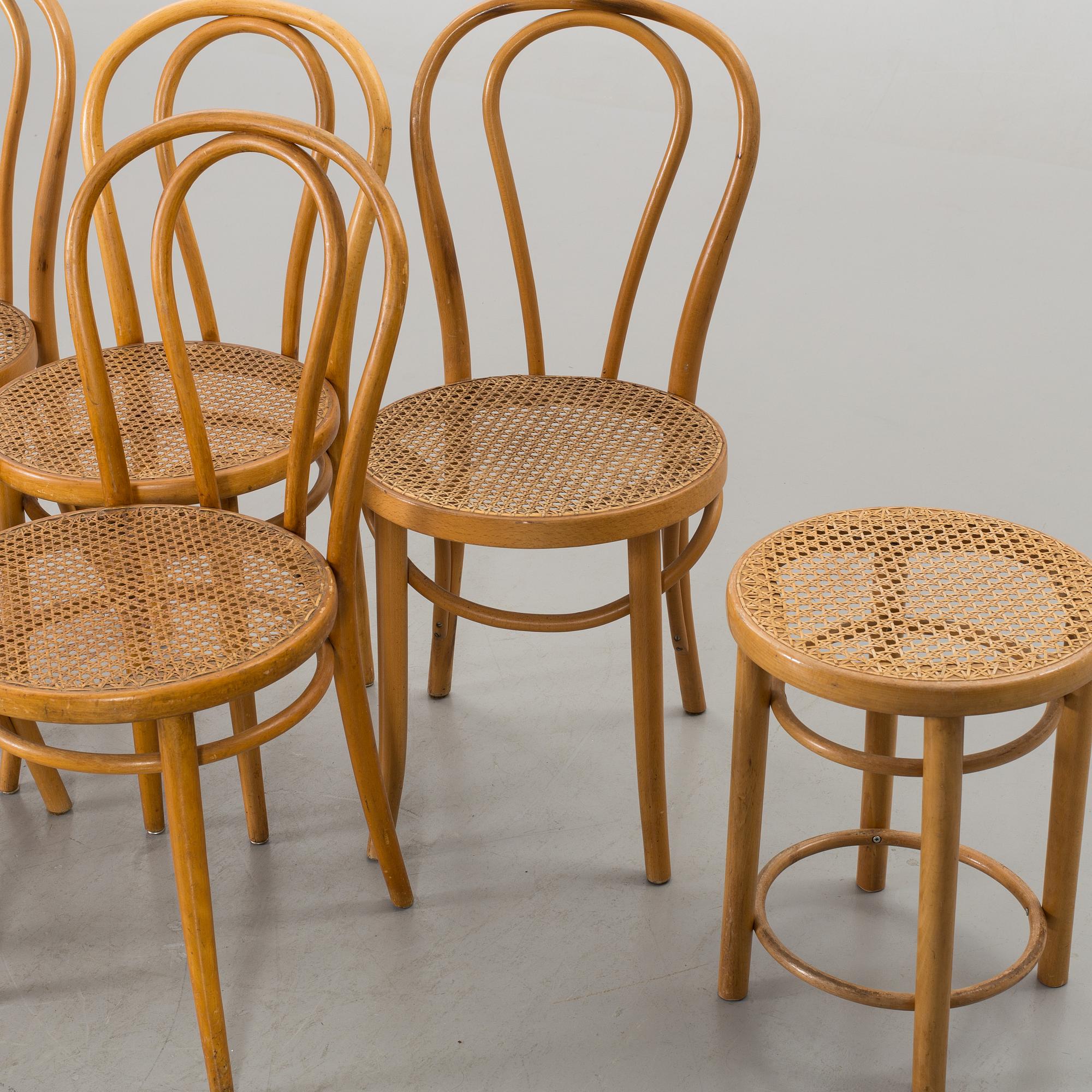 A SET OF 5 THONET STYLE CHAIRS AND 2 STOOLS, end of 20th century.