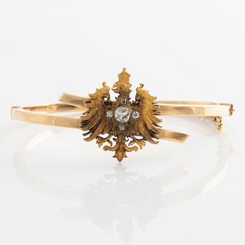 Bracelet 18K gold with a soldered part of a brooch pin in gold with old-cut diamonds, in the shape of an eagle.