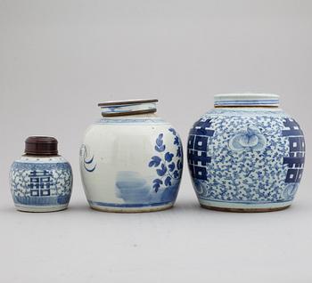 A set of three odd blue and white jars, late Qing dynasty, 19th Century.