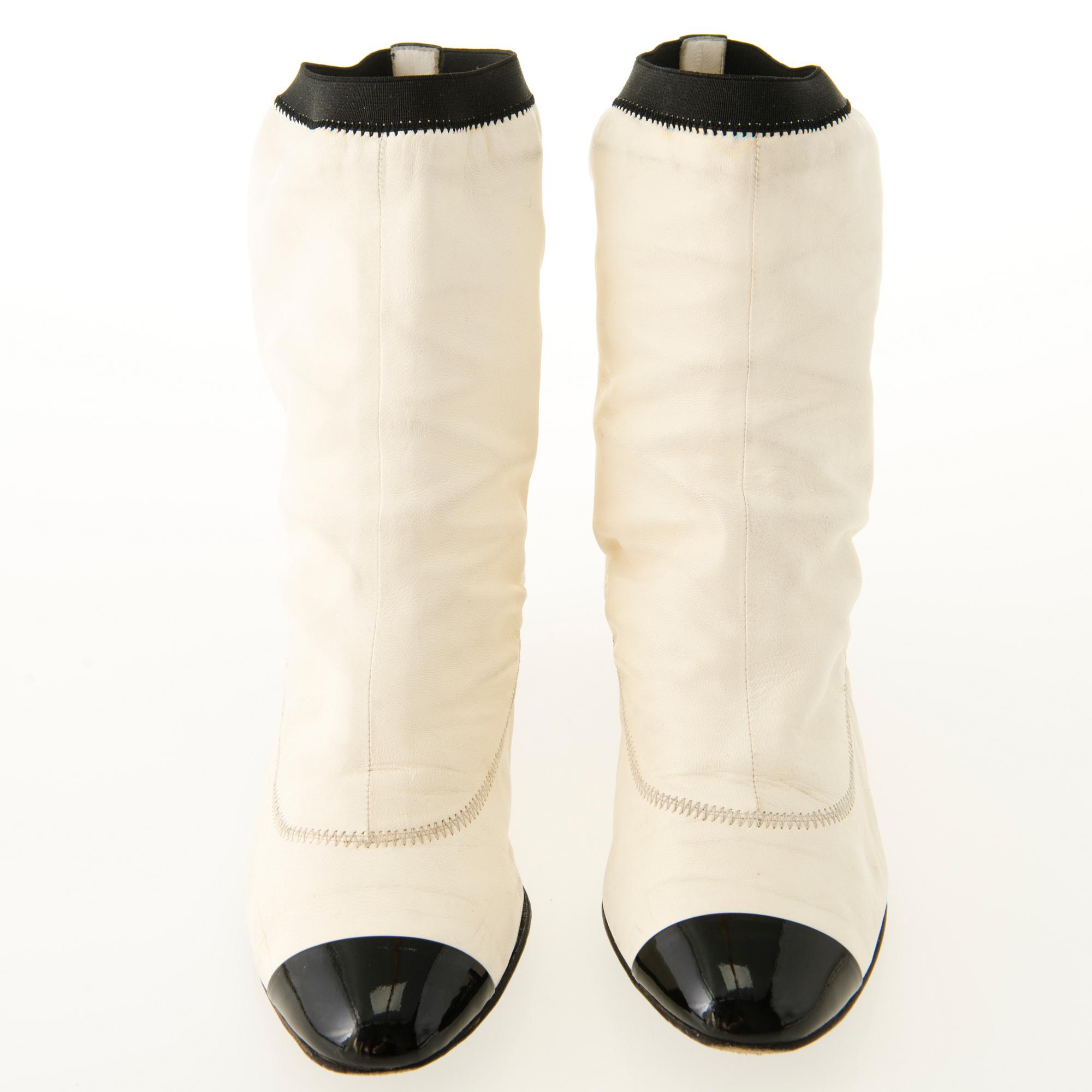 CHANEL Cream and Black Ankle Boots in size 38.