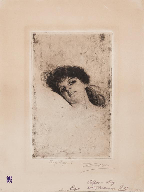 Anders Zorn, ANDERS ZORN, Etching (presumably unrecorded state before the signature in II state), 1884, signed in pencil.