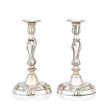159. A pair of Rococo candlesticks by Stephen (Friedrich) T. Lemair, (privilge in Stockholm 1762), 1763.