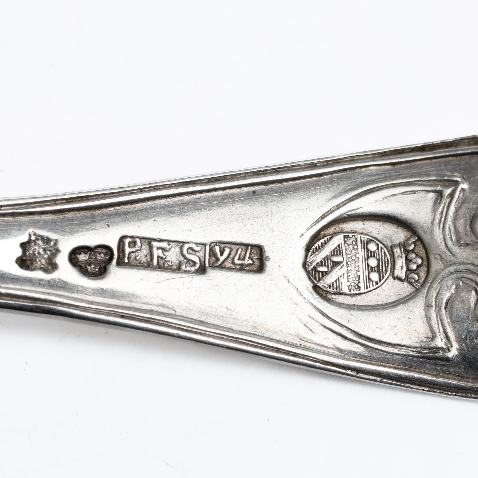 Nine Swedish silver teaspoons from Karlskrona, including with mark of Petter Fredrik Sundberg, 1853.