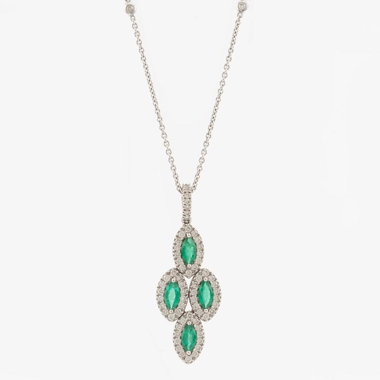 Pendant with navette-cut emeralds and brilliant-cut diamonds, with chain.