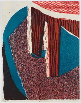 David Hockney, "Flowers, apple and pear on table".