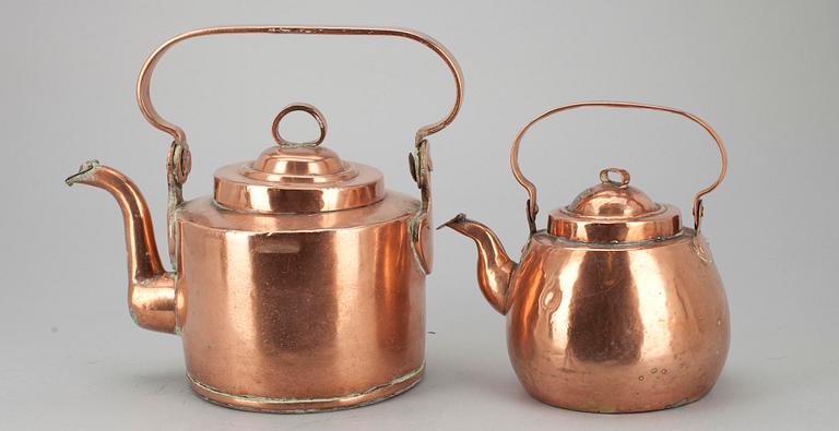 KANNOR, 6 st samt KASTRULLER 3 st, koppar, 1800-1900-tal.