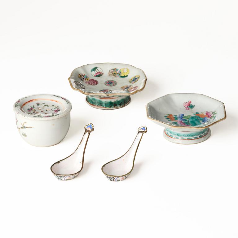 Two Chinese famille rose porcelain dishes and a censer, a pair of enamel spoons, Qing dynasty.