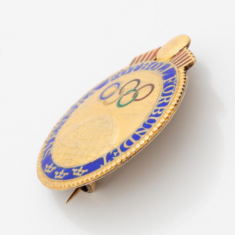 A Swedish parcel-gilt and enamel pin, Svenska Fotboll Förbundet, awarded Birger Rosengren Olympic gold, London, 1948.
