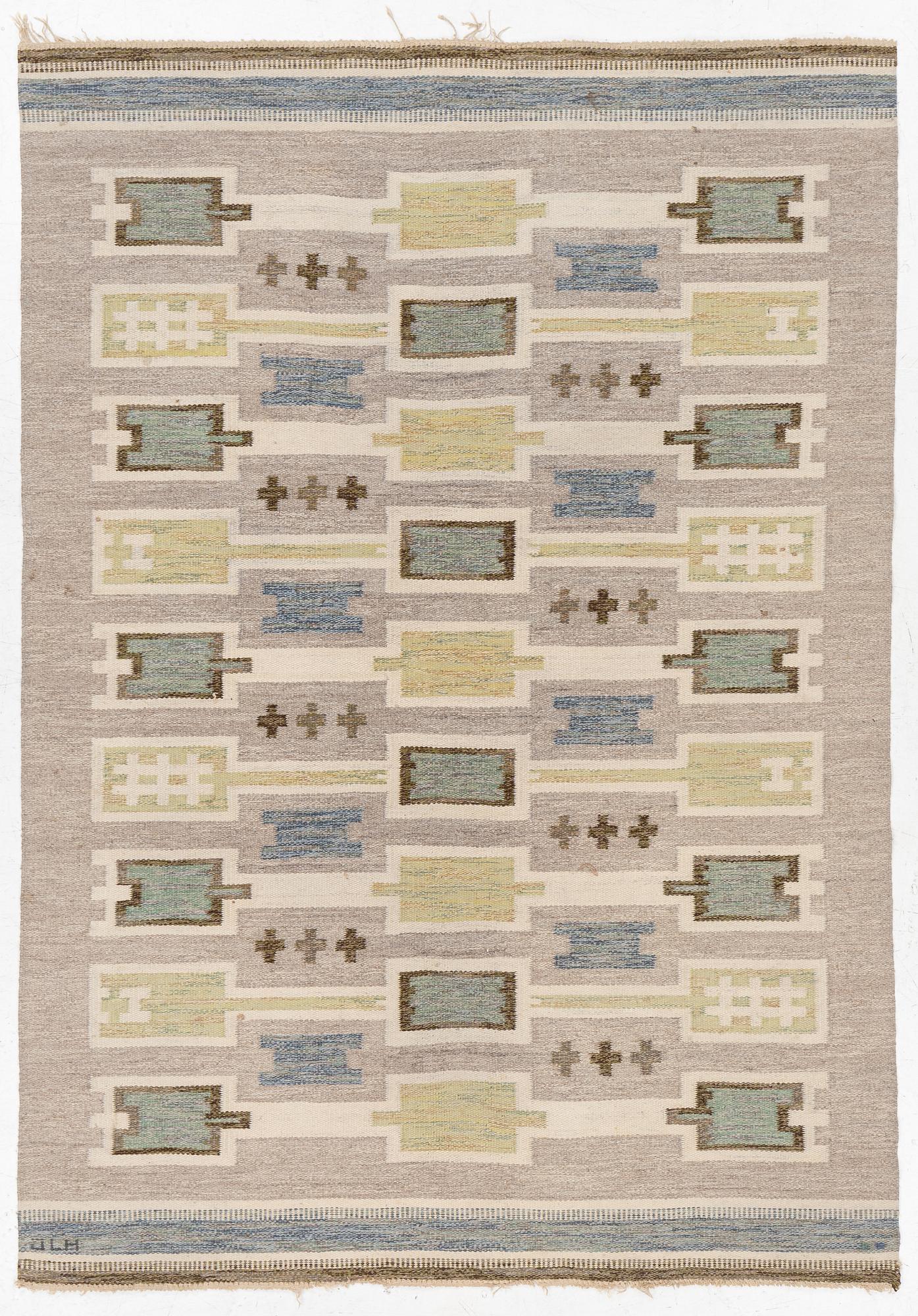 A, flat weave rug, signed JLH (Jönköping County Handicrafts), approx. 242 x 172 cm.