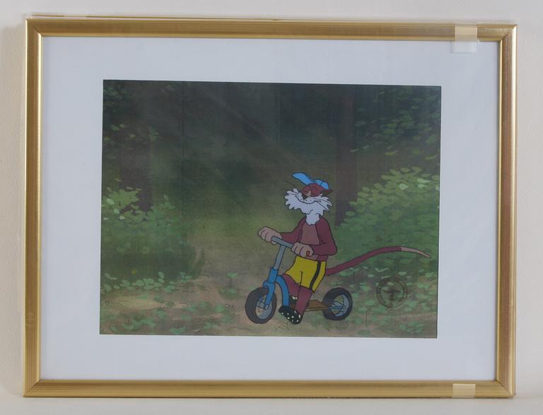 ORIGINALCEL, 4 st, ur "Pelle Svanslös", blandteknik, Team Film, sign SL.