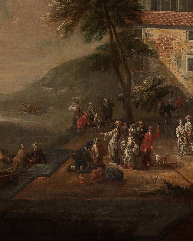 Holländsk skola 16/1700-tal, ruinlandskap med figurer vid kust, ett par.