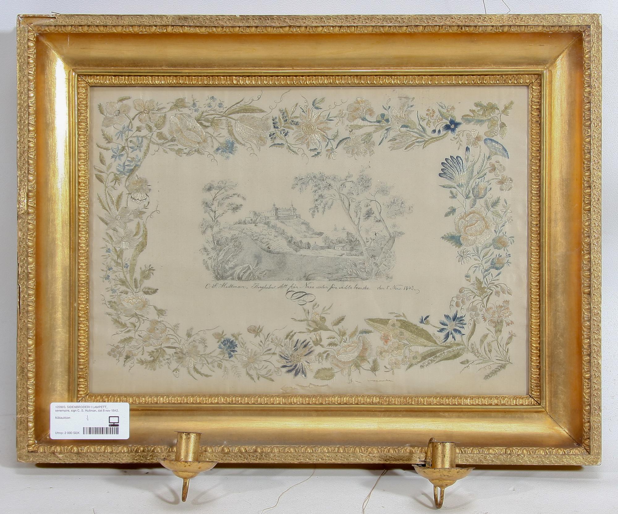 SIDENBRODERI I LAMPETT, senempire, sign C. S. Hultman, dat 8 nov 1842.