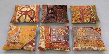 Six Anatolian "carpet cushions", around 40 x 40 cm.