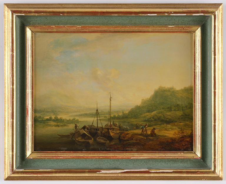Christian Georg Schütz, Pastorala flodlandskap med figurer och båter, ett par.