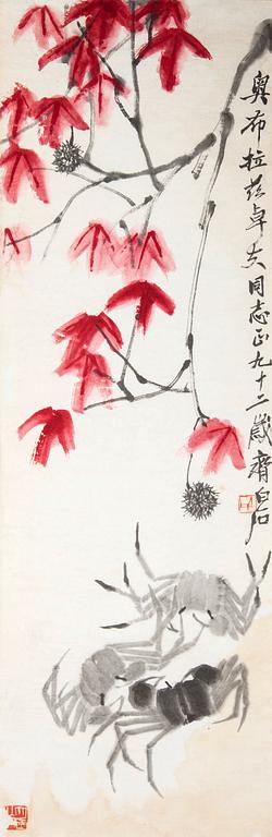 MÅLNING av QI BAISHI (1864-1957). Krabbor och höstlöv, signerad med dedikation.