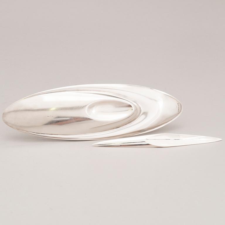 TAPIO WIRKKALA, A silver dish and a paper-knife, marked TW, Kultakeskus, Hämeenlinna, Finland 1967 and 1972.