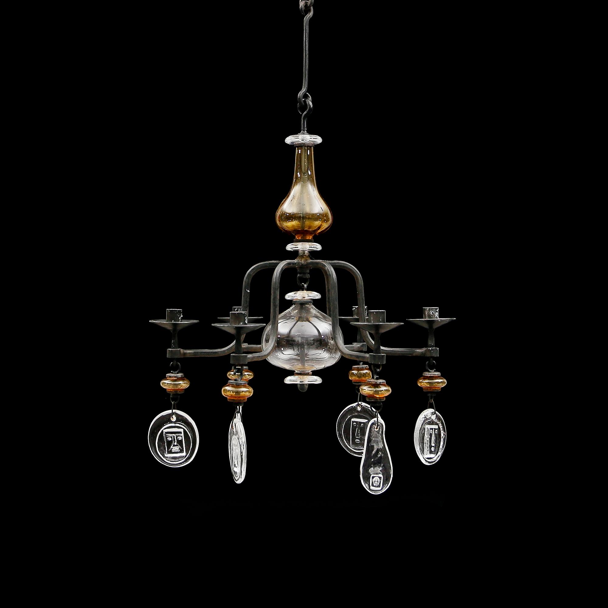 LJUSKRONA, glas och smide, Erik Höglund, 1900-talets andra hälft. Höjd ca 60 cm.