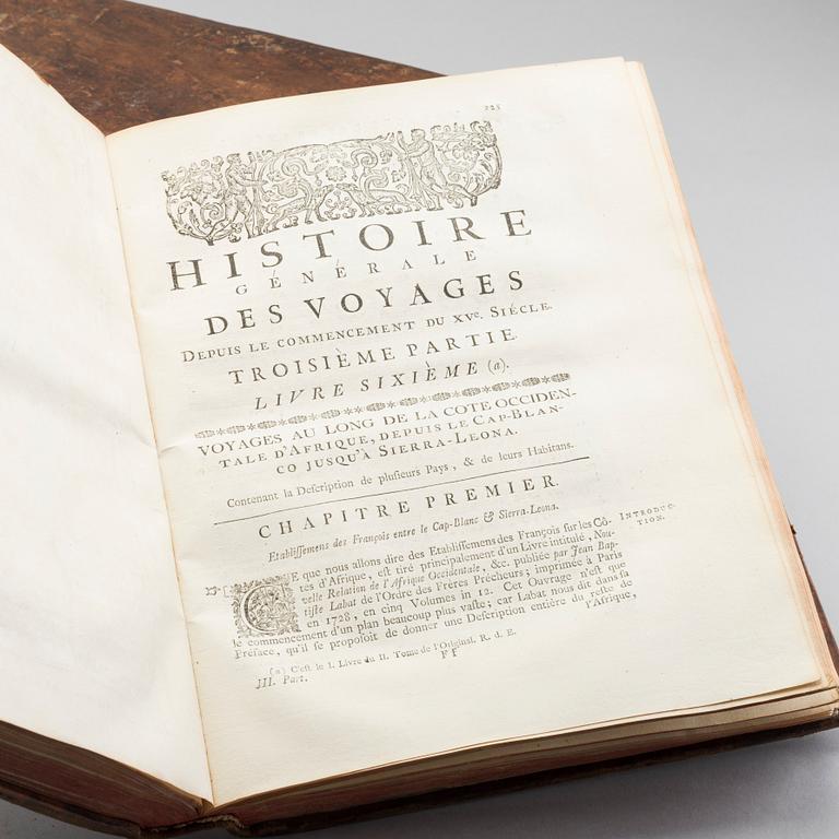 ANTOINE FRANCOIS PREVOST, "HISTORIE GENERALE DES VOYAGES... " 3 vol, utgivare Pierre d' Hondt 1747.