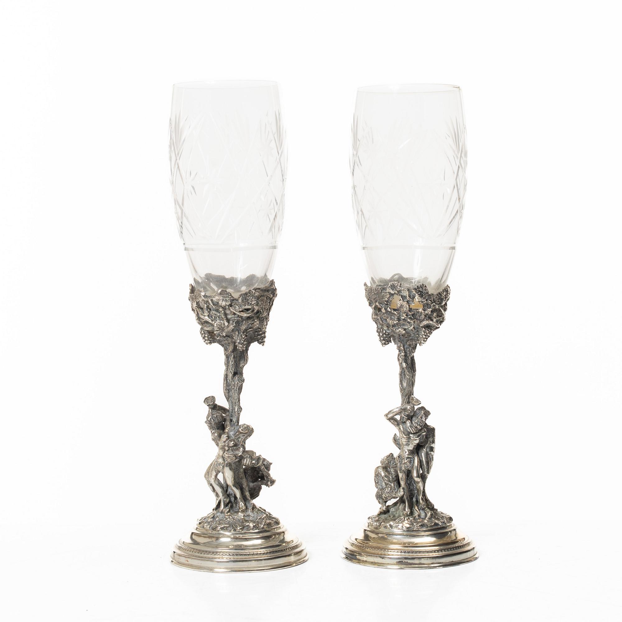 Champagne glasses, a pair, silver and glass, 20th century.