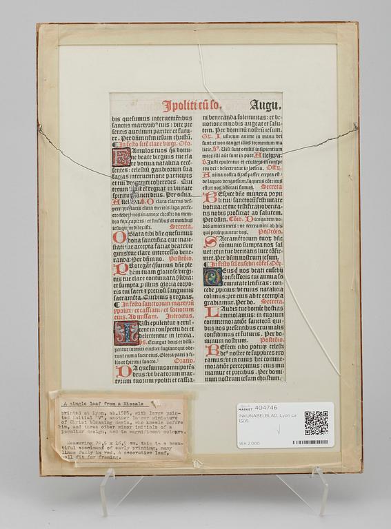 INKUNABELBLAD FRÅN MISSALE, troligen Lyon och ca 1505.