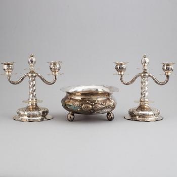 Cg Hallberg, a pair of baroque style candelabras and a bowl, Stockholm, 1926-27.