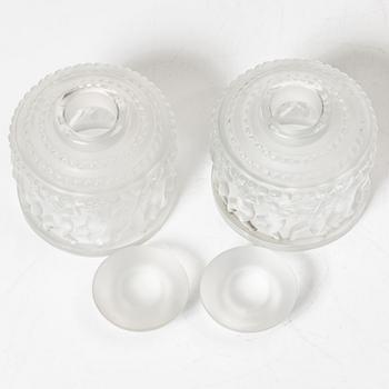 René Lalique, flacons with lids, a pair, glass, "Les Enfants", France, signed.