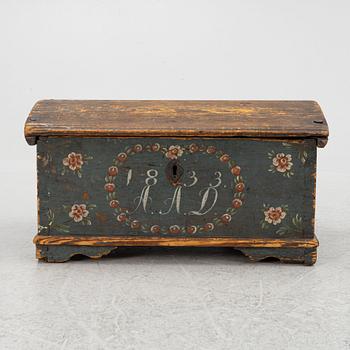 Färdskrin, Allmoge, Halland, daterat 1833.
