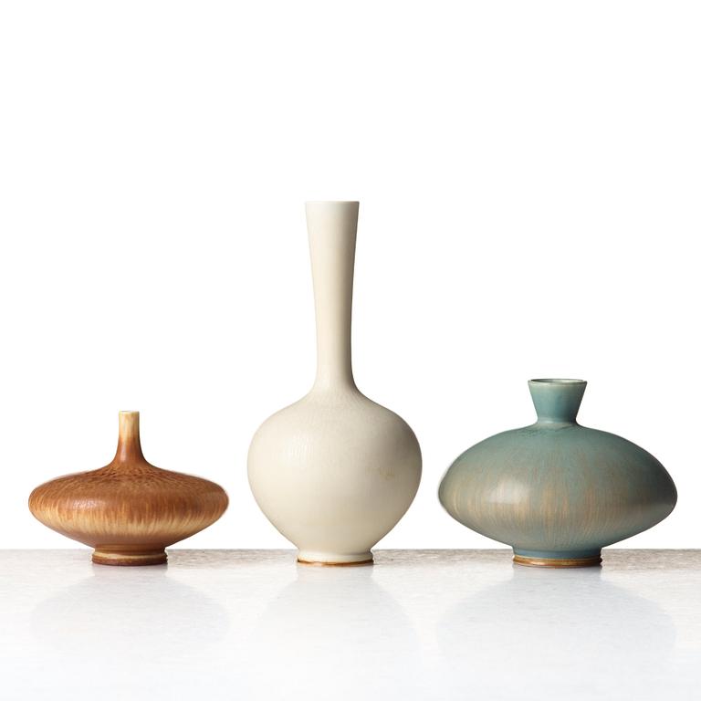 Berndt Friberg, a set of three stoneware vases, Gustavsberg studio, Sweden 1966-73.