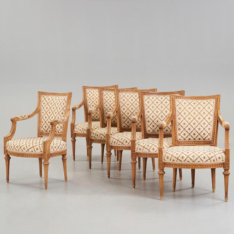 Six Gustavian late 18th century armchairs by Johan Lindgren, master in Stockholm 1770-1800.