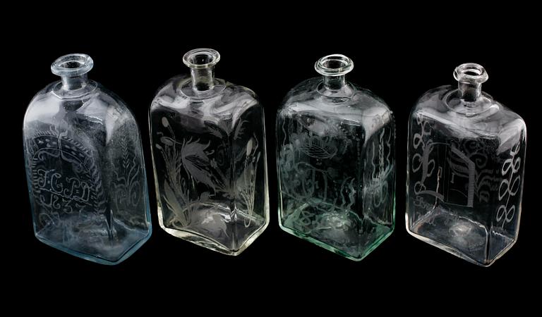 BRÄNNVINSPLUNTOR, 4 st, glas, 1800-tal.