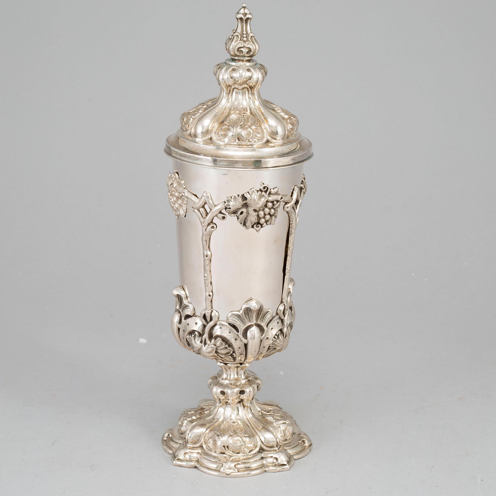 A German mid 19th century parcel-gilt silver cup and cover, marked Fürth.