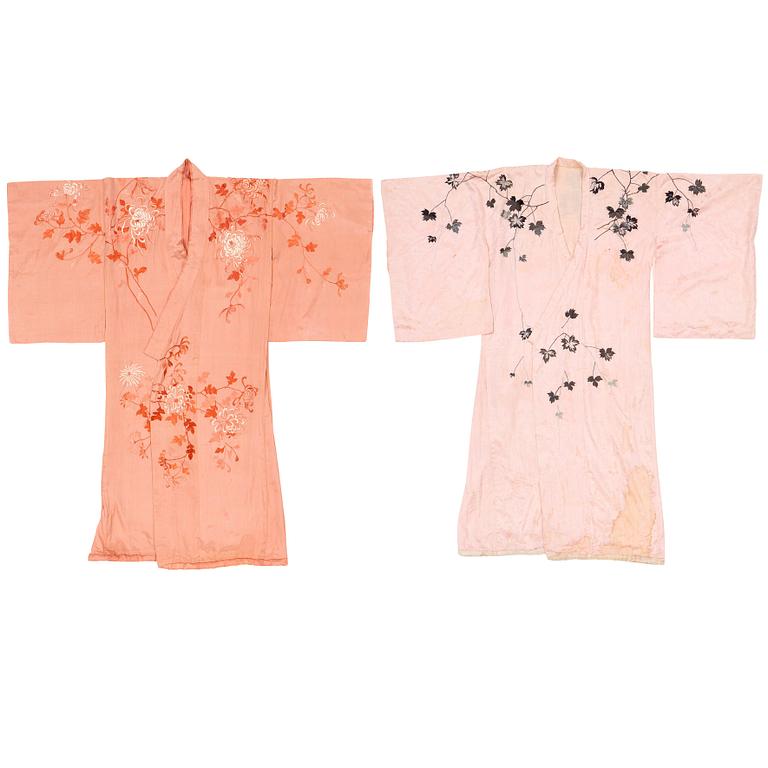 Two embroidered Japanese silk kimonos, 1920's.