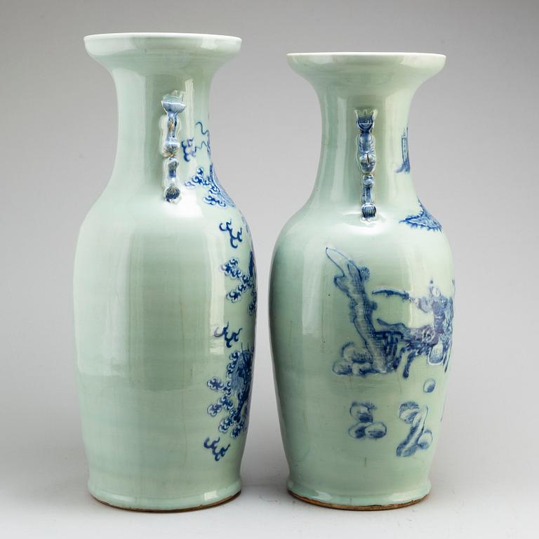 Two large blue and white celadon ground vases, Qing dynasty, late 19th/early 20th century.