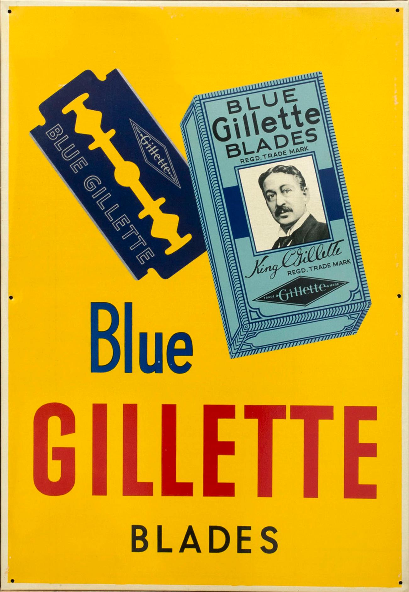 REKLAMSKYLT "BLUE GILIETTE BLADES" The Metal Box Comapny Ltd (Hudson Scott Branch) Carlisle England, 1900-talets mitt.