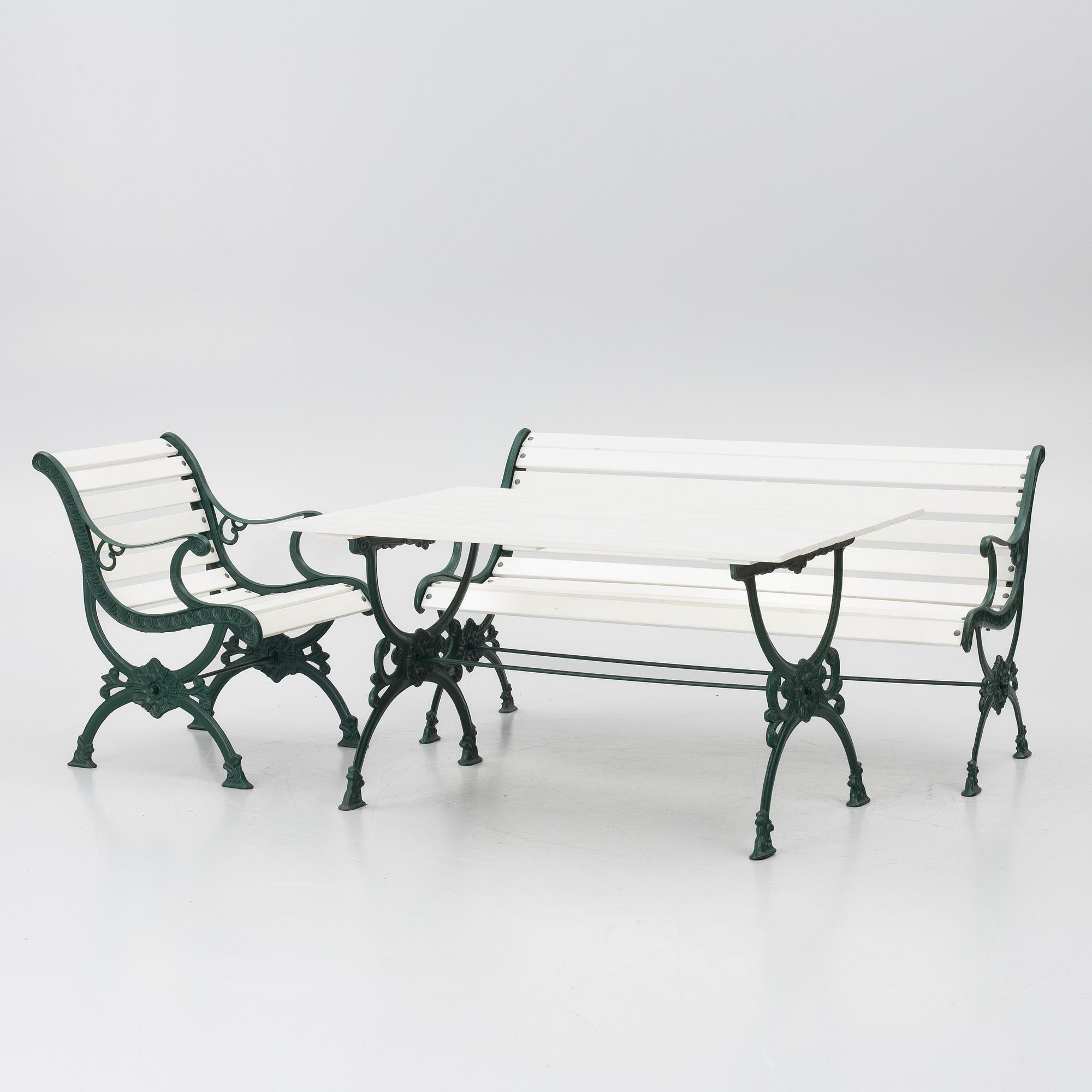 Garden bench, armchair and table, 20th century.