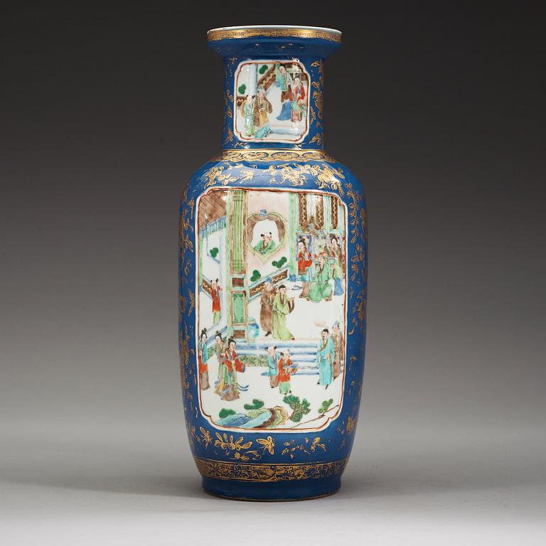 A powder blue and famille rose vases, late Qing dynasty (1644-1912).